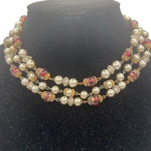 Rare FREIRICH Triple-Strand Pearl Red Bead Choker Necklace